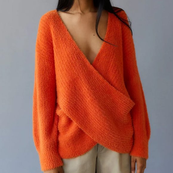 NEW Urban Outfitters Orange Kane Wrap Soft Fuzzy Knit Cozy Sweater $69 M or L - Picture 3 of 9